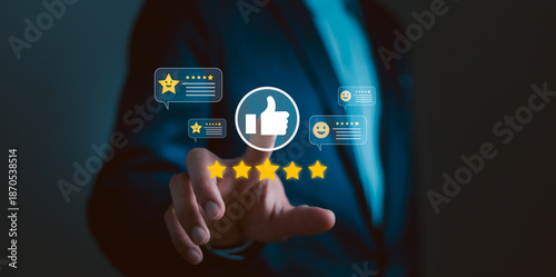 Man touch an interface showing 5-star rating icons, thumbs up, and positive feedback messages, symbolizing excellent service and customer satisfaction. Quality review and business in the digital age.
