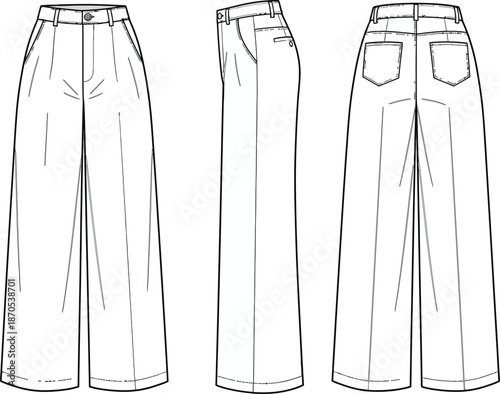 Jeans Pants Mock up Front, side  and Back Illustration. A flat vector illustration of white jeans on an isolated white background. 