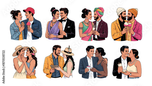 Couples in Diverse Moments: Capturing the beauty of love in all its forms, this illustration showcases a vibrant collage of couples.