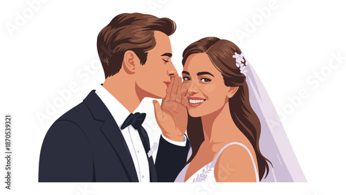  Whispered Vows of Forever: An illustrated romantic scene of a bride and groom on their wedding day, captured in a tender moment. The groom whispers secrets into the bride's ear.