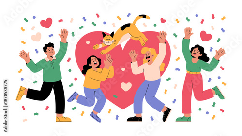 Celebration with Pets: Joyful moment captured as a group of individuals celebrates with a leaping cat, amidst a flurry of confetti and a heartwarming heart backdrop.