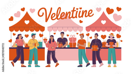 Valentine's Market: A festive scene unfolds, with stalls adorned and people milling about, immersed in the spirit of affection, surrounded by the sweet symbols of love.
