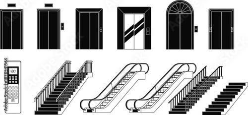 Elevator doors, stairs and escalators set, building interior navigation elements vector illustration for architecture, construction, real estate, and facility design