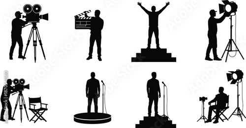 Film production crew silhouettes, director camera operator lighting setup, movie filmmaking process, cinema stage equipment vector illustration set