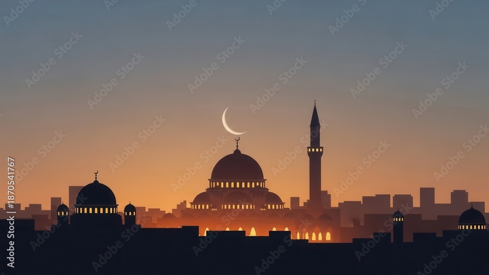 Naklejka premium Islamic Mosque Sunset Silhouette