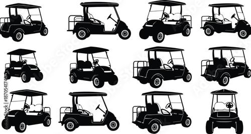 Golf cart silhouettes set in multiple angles, electric utility vehicle vector illustration for transportation, resort, leisure, rental service, and mobility design