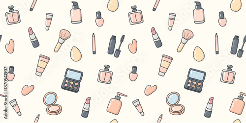 Seamless repeating horizontal pattern with hand drawn cosmetic and makeup icons. Beauty background for packaging, branding, fashion design, websites, social media and print projects. Vector