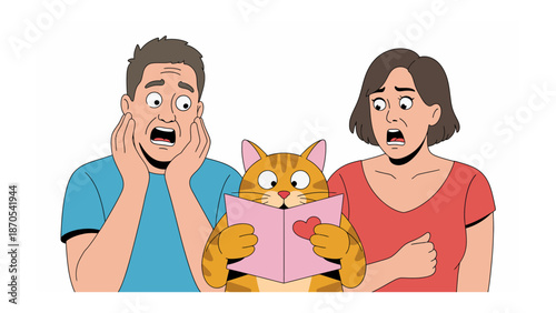 Shocked Couple with Cat's Message: A bewildered couple stares with wide-eyed expressions at a cat, who is holding a pink Valentine's Day card, symbolizing the unexpected moments in relationships.