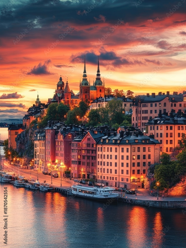 Fototapeta premium Waterfront city skyline at sunset, colorful buildings