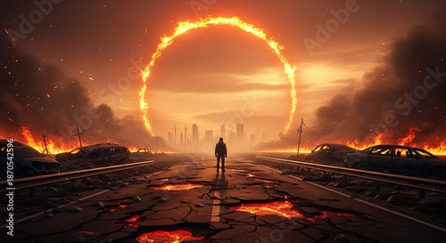 Apocalyptic landscape with a fiery portal and lone figure amidst devastation and city skyline