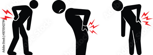 Lower Back Pain Stick Figures Set Isolated on White Background Vector Illustration