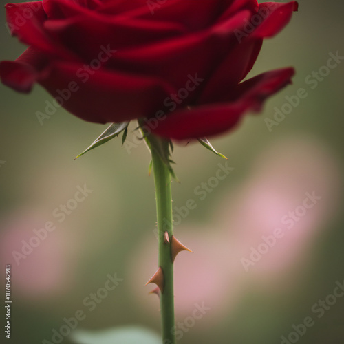 valentine's day Close-up of beautiful red rose with thorns on green stem