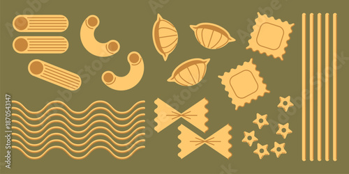 Italian pasta and ravioli set isolated on green background. Vector illustration of spaghetti, stelline, farfalle and macaroni shapes, traditional dish, hand drawn vintage food package design elements