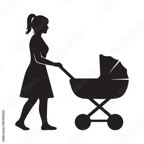 Silhouette of a woman pushing a baby stroller isolated on a transparent background