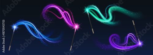 3D set of magic wands with light and sparkle effect isolated on black background. Vector realistic illustration of fairytale magician stick with color trails and sparkling swirls, wizard accessory