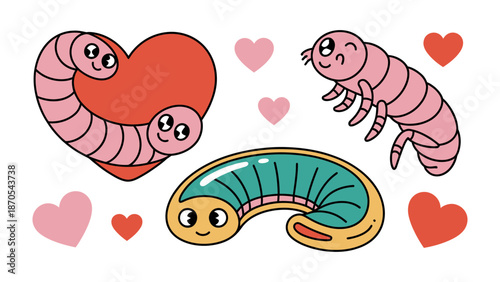 Cute Worms with Hearts: An illustrated composition of adorable worms, each exuding charm and whimsy, accompanied by hearts, evokes a sense of affection, love, and lightheartedness.