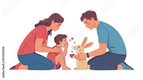 Heartfelt Family Moment: A tender illustration of a family sharing a loving moment with a charming bunny, symbolizing compassion, empathy, and the unconditional bond of love and support.