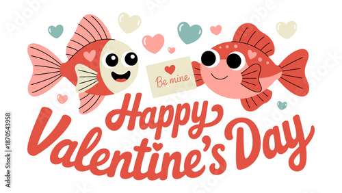 Valentine's Day Fish Romance: Two adorable fish share a romantic moment, exchanging a be mine message amidst hearts, embodying the spirit of love and affection.