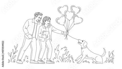 Love in the Air: An illustration portrays a heartwarming scene of a couple gifting heart-shaped balloons to their loyal canine companion, symbolizing love, friendship, and joy. 