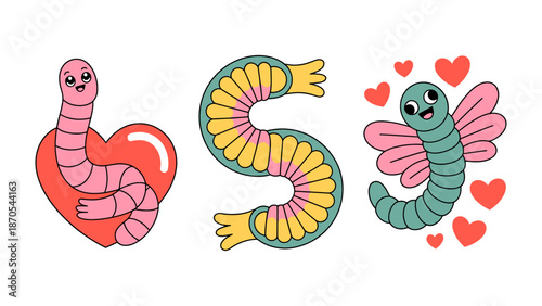 Love Bugs: An endearing illustration features the letters L, O, V, and E whimsically transformed into delightful worms, spreading joy and affection with hearts and charming smiles.