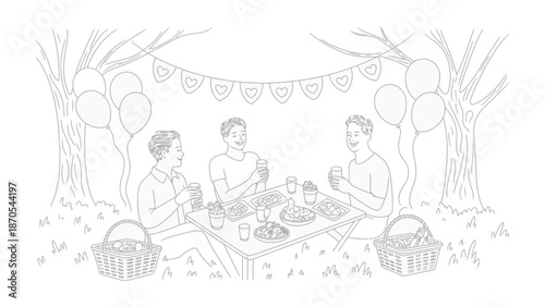 Joyful Picnic in the Park: Friends gather in a serene park setting to enjoy a delightful picnic, filled with laughter and shared moments under the open sky.