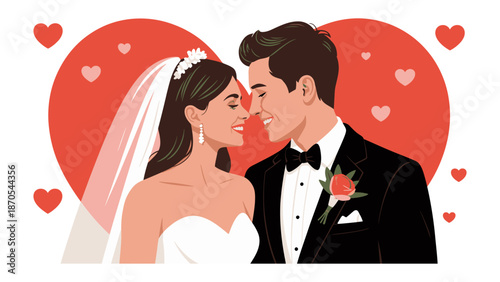 Eternal Bond: A romantic illustration of a bride and groom embracing each other, surrounded by hearts, represents the start of their journey together. It captures the essence of a love story.