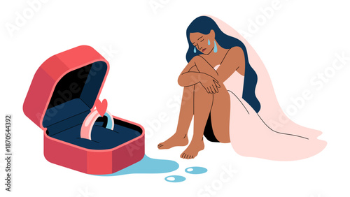 Tears of Unveiled Truth: A heartbroken bride sheds tears by a symbolic engagement ring, expressing grief in a moment of emotional vulnerability.