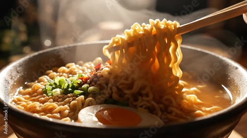 Delicious Ramen Bowl with Egg and Chopsticks in Action.