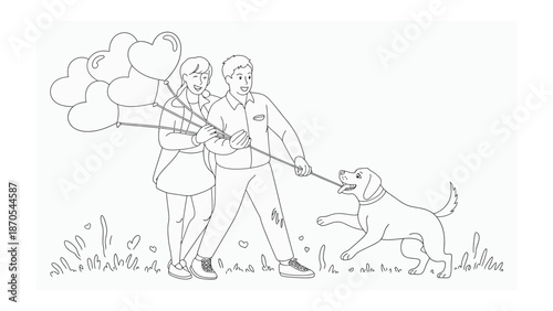 Love's Playful Moment: A charming monochrome illustration capturing a couple enjoying a cheerful interaction with their playful canine companion, balloons adding to the festive mood.