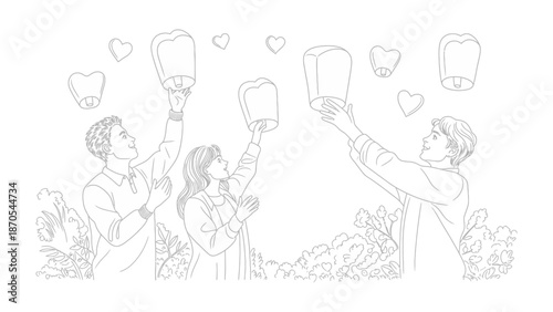 Lanterns of Affection: A group of individuals joyfully release floating lanterns into the starlit sky, each lantern a symbol of hope and heartfelt wishes, surrounded by heart shapes.