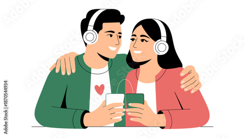 Harmonious Melody: A couple is listening to music together, creating a tender and harmonious atmosphere that captures shared enjoyment and togetherness. 