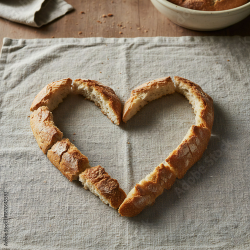 Romantic heart shaped bread on linen tablecloth for Valentine's Day