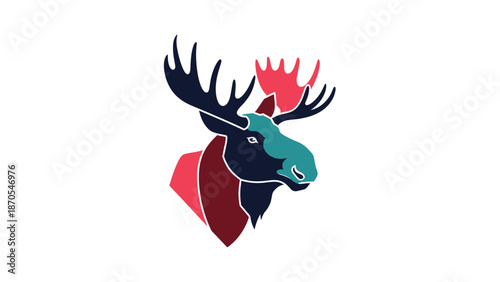 Colorful moose head illustration with antlers, perfect for design projects and wildlife themes.