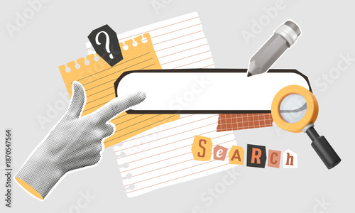 Search banner with collage elements. halftone hand and pencil, 3d loupe, note paper from copybook. Vector illustration. Information analytics background, find, research bar.