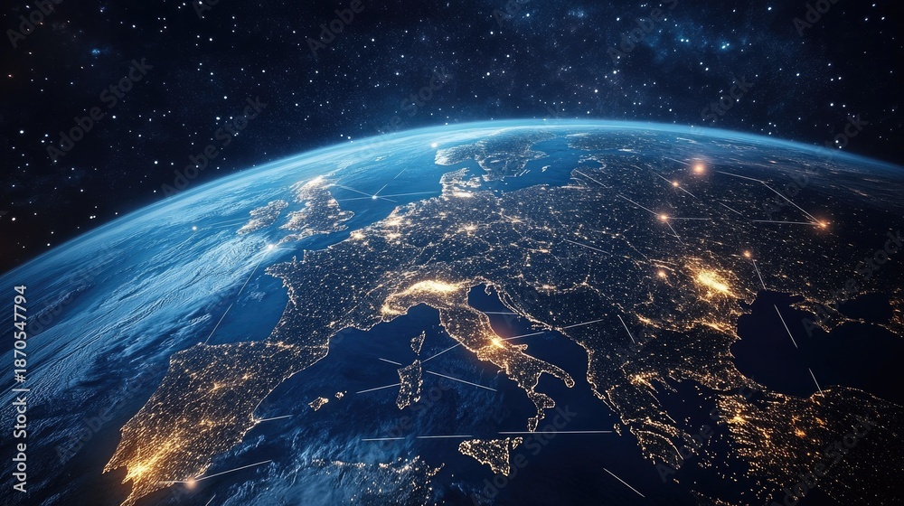 Obraz premium Night view of Earth, showcasing Europe's illuminated cities and interconnected network