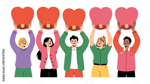 Celebrating Dreams: Diverse individuals joyfully lift heart-shaped lanterns, symbolizing hopes and aspirations against a clear sky. A vibrant scene of unity, love, and shared dreams.