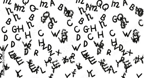 A texture or background consisting of symbols or letters scattered across the canvas. Some of the English alphabet characters are distorted.