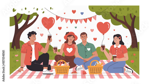 Joyful Picnic Gathering: A convivial picnic unfolds in a serene park setting, filled with laughter, friendship, and the shared joy of a perfect day. A heartwarming scene of togetherness.