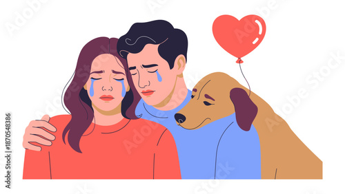 Mourning and Support: A scene of grief, where a couple, visibly heartbroken, finds solace in the gentle presence of their comforting canine companion.