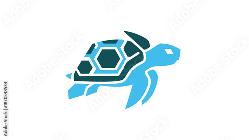 Blue turtle logo design featuring a unique geometric shell pattern and swimming pose.