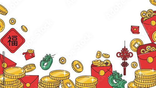 Vibrant Coins and Symbols Float Amidst Festive Red Envelopes and Lucky Charms in a Joyful Celebration Scene