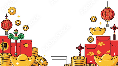 Celebratory Prosperity and Wealth Illustration with Golden Ingots and Lucky Red Envelopes