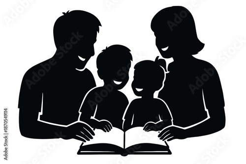 Silhouette of a Happy Family Reading a Book Together – Concept of Literacy, Early Learning, and Storytelling