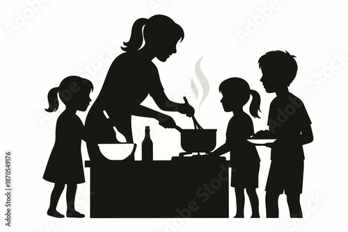 Silhouette of a Mother Cooking with Her Three Children – Concept of Family Bonding, Healthy Nutrition, and Home Education