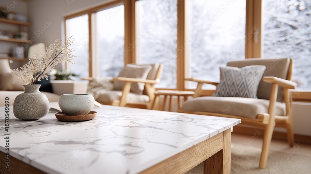 Obraz premium Bright decor fills this modern room, featuring wooden accents and a soft color palette. A coffee table holds decorative items, while large windows showcase a snowy landscape outside
