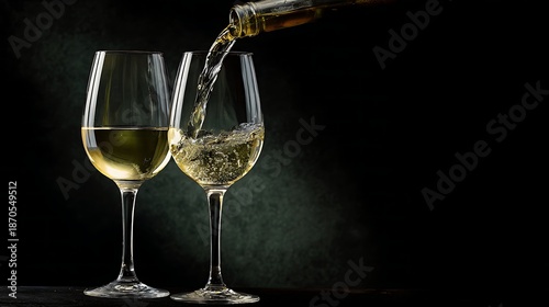 Stream of pale liquid pours into a stemmed glass beside a filled counterpart against a dark backdrop