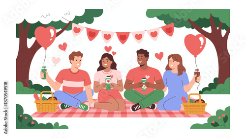 Picnic of Love: A delightful gathering unfolds as four friends create heartwarming memories amidst love-themed decorations and nature's embrace.