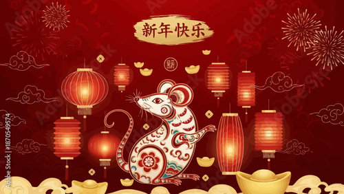 Festive Lunar New Year illustration with a stylized rat zodiac animal, traditional red lanterns, sparkling firecrackers, and golden ingots, symbolizing prosperity and celebration