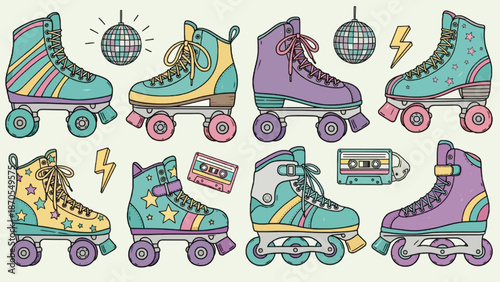 Set with roller skates icons. Sport and hobbies. Retro fashion style from 80s and 90s. Cute vector illustration in trendy colors. Hand drawn style.