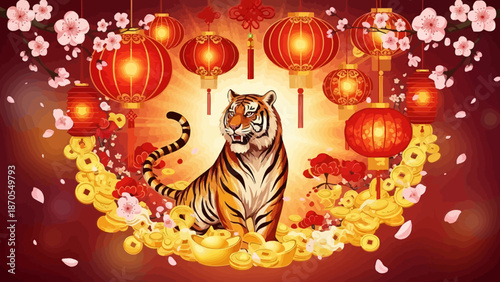 Vibrant Lunar New Year celebration featuring a majestic tiger, glowing lanterns, delicate cherry blossoms, and auspicious golden ingots, symbolizing prosperity and good fortune